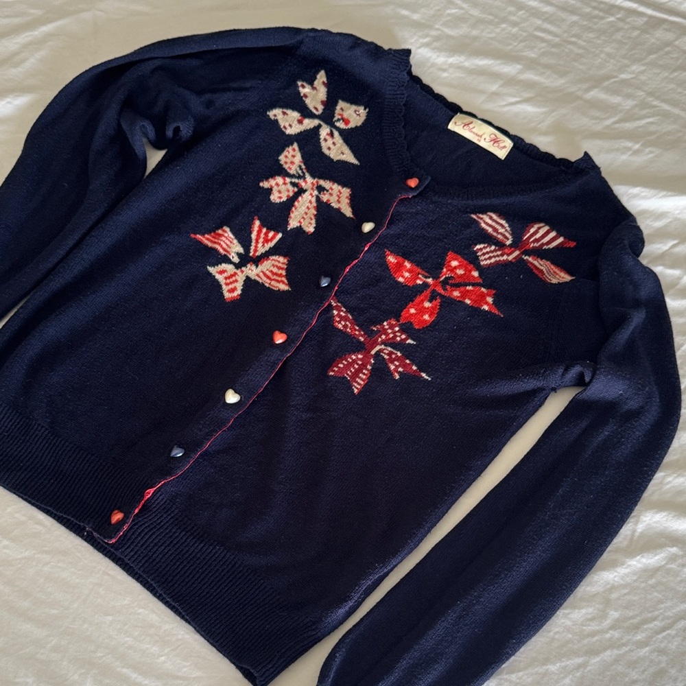 Alannah Hill Navy Cardigan with Red and Cream Bow Details
